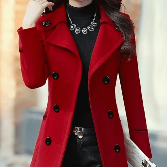 Jackets & Blazers - Red Elegant Women's Double-Breasted Lapel Coat